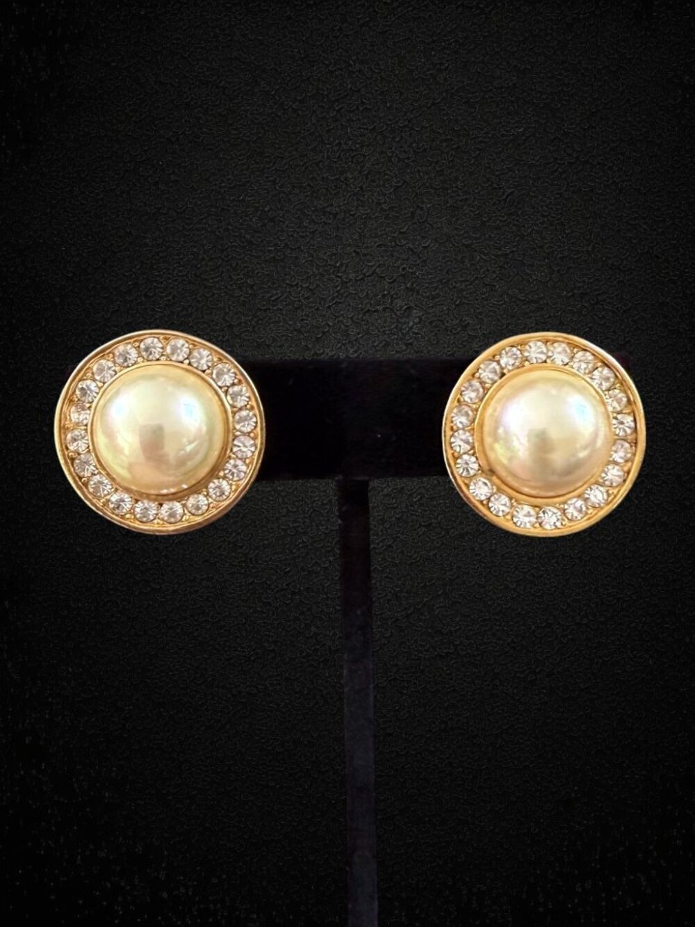 Vintage Roman Faux Pearl Rhinestone Halo Clip-On Earrings Gold Bridal Wedding